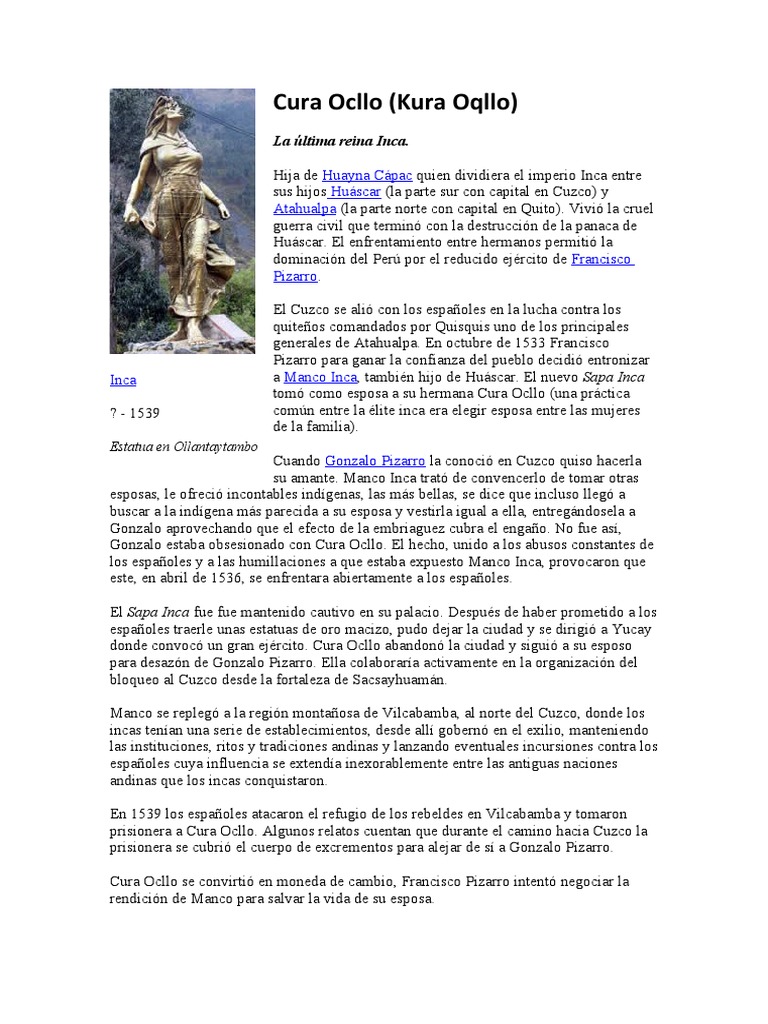 Cura Ocllo: Última Reina Inca y Heroína | PDF | Francisco Pizarro ...