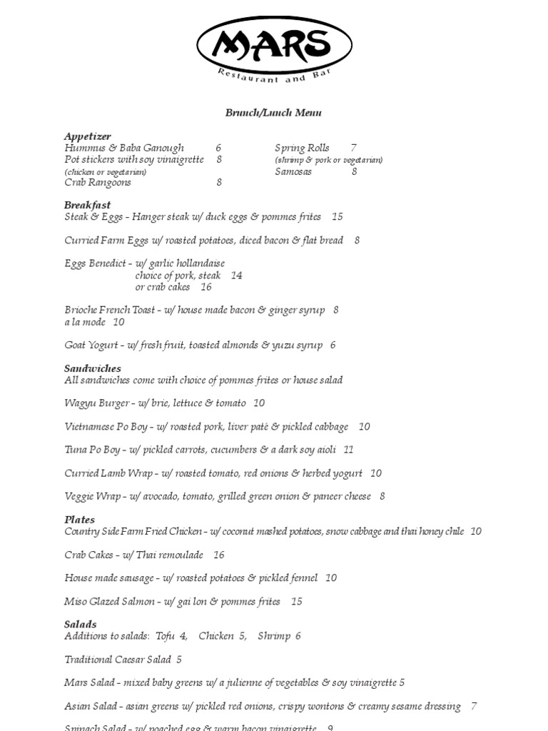 Mars Bar Brunch/Lunch Menu | PDF | Pickling | Salad