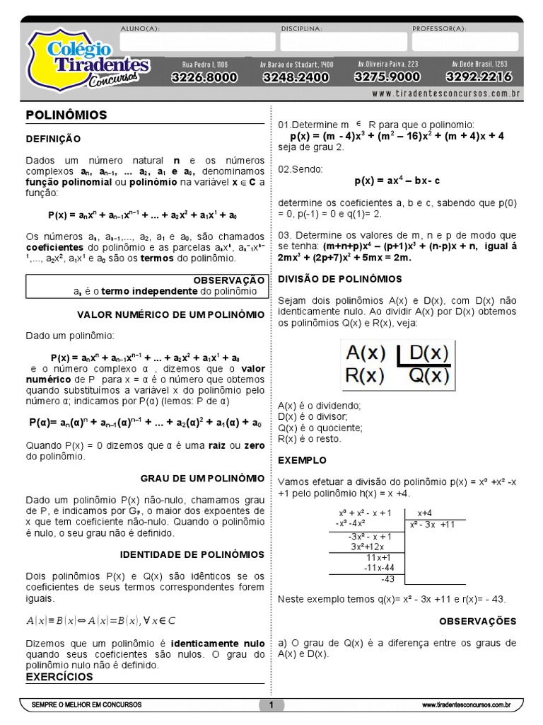 Polinômios: Definições, Operações e Propriedades | PDF | Equações ...
