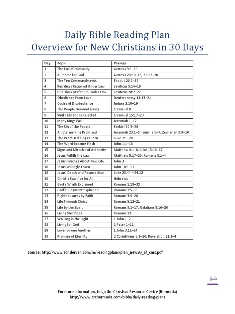 Daily Bible Reading Plan Overview For New Christians in 30 Days | PDF