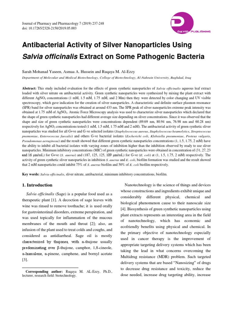 Antibacterial Activity of Silver Nanoparticles Using Salvia Officinalis ...