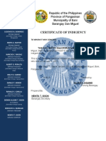 Certificate of Indigency: Republic of The Philippines Province of Pangasinan Municipality of Bani Barangay San Miguel