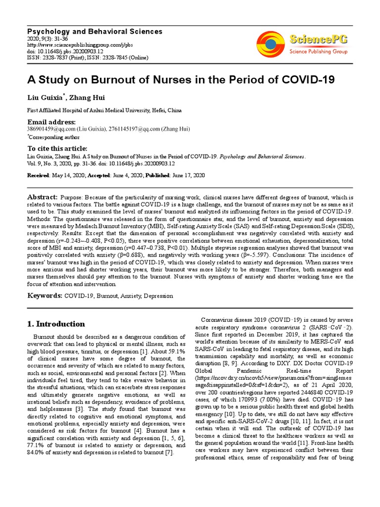 COVID-19 Nurse Burnout Study | PDF | Occupational Burnout | Depression ...
