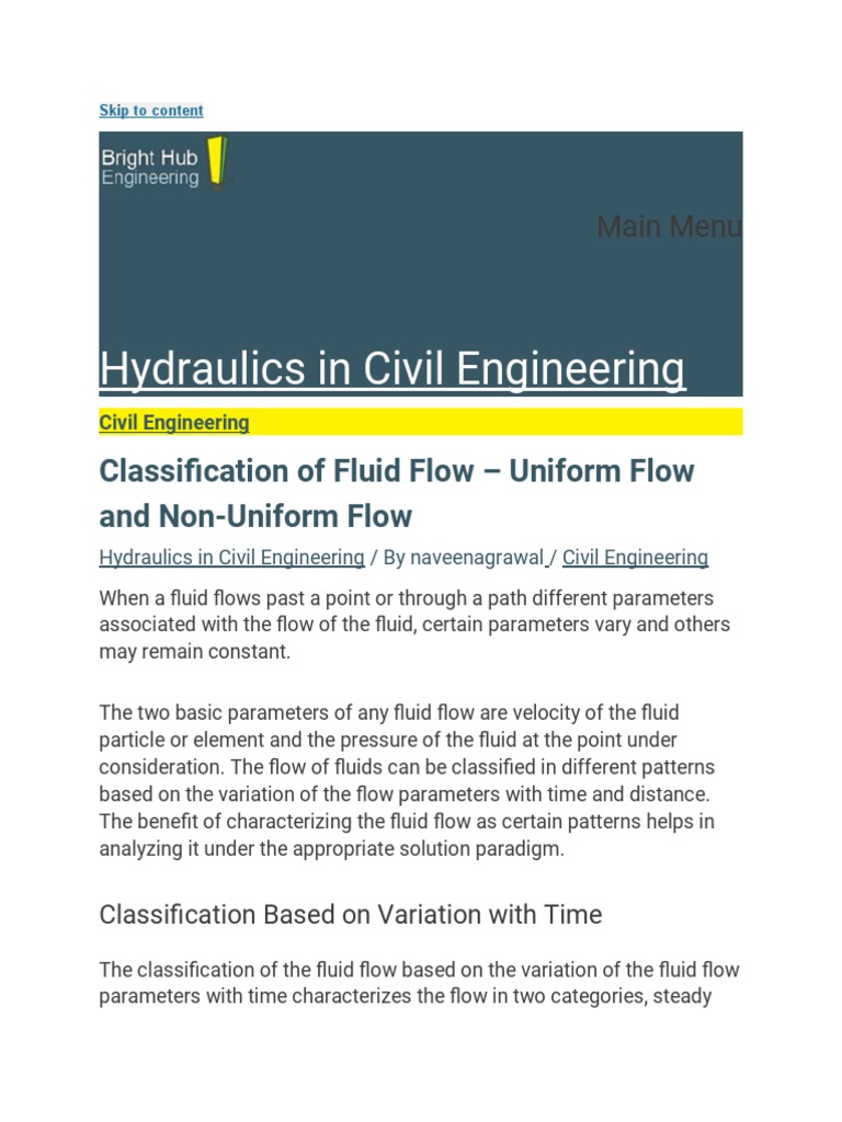 Hydraulics in Civil Engineering Classification of Fluid Flow Uniform Flow and NonUniform