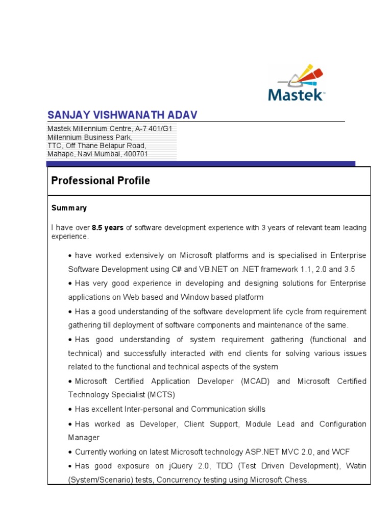 Sanjay Vishwanath Adav: Professional Profile | PDF | Microsoft Sql ...