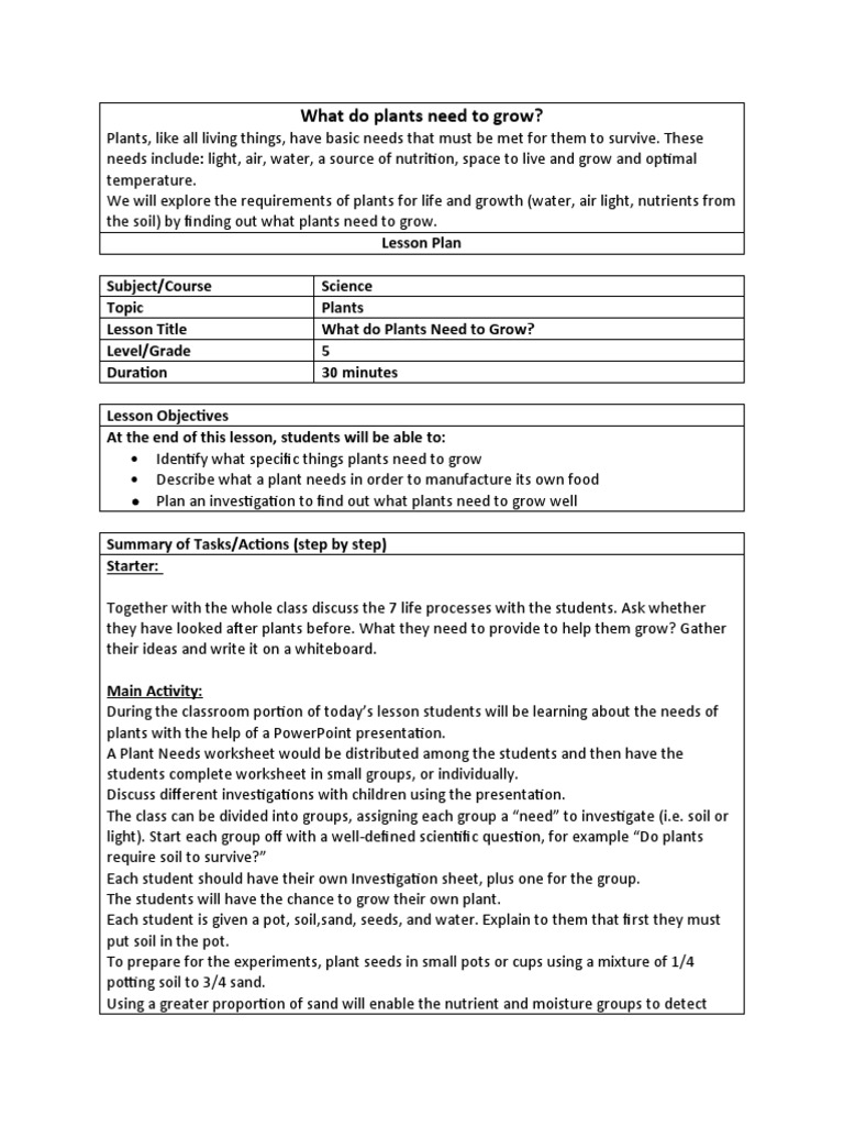 What Do Plants Need Lesson Plan | PDF | Plants | Lesson Plan
