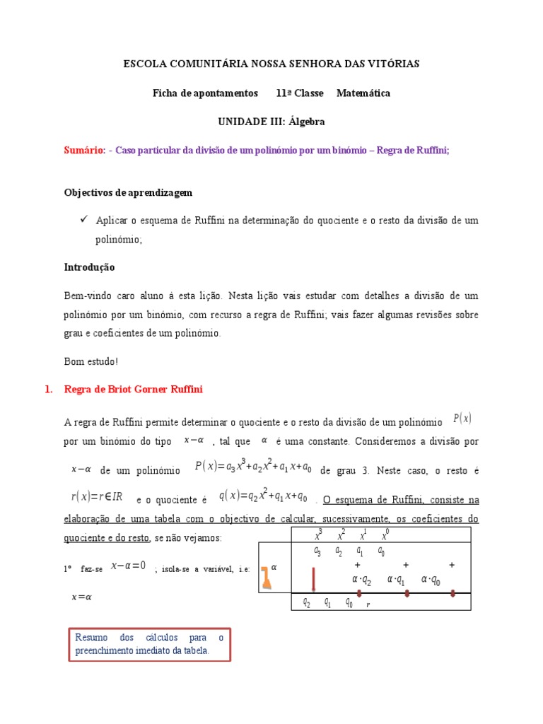Regra de Ruffini: Divisão de Polinômios | PDF | Matemática aplicada ...