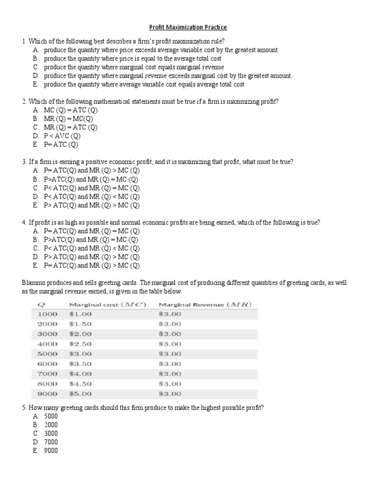 Profit Maximization Practice Pdf Marginal Cost Profit Economics