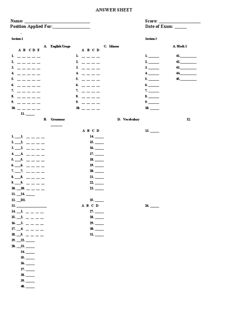 Exam Answer Sheet Template | PDF | Linguistics | Human Communication
