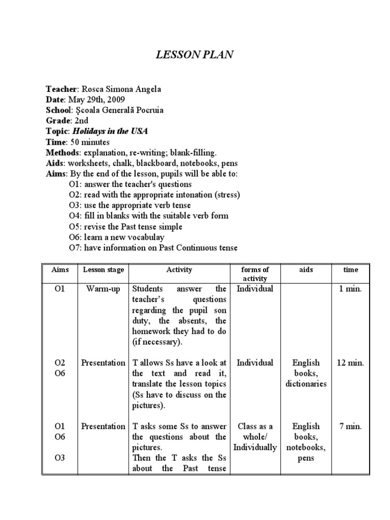 Lesson Plan Aims Lesson Stage Activity Forms of Activity Aids Time