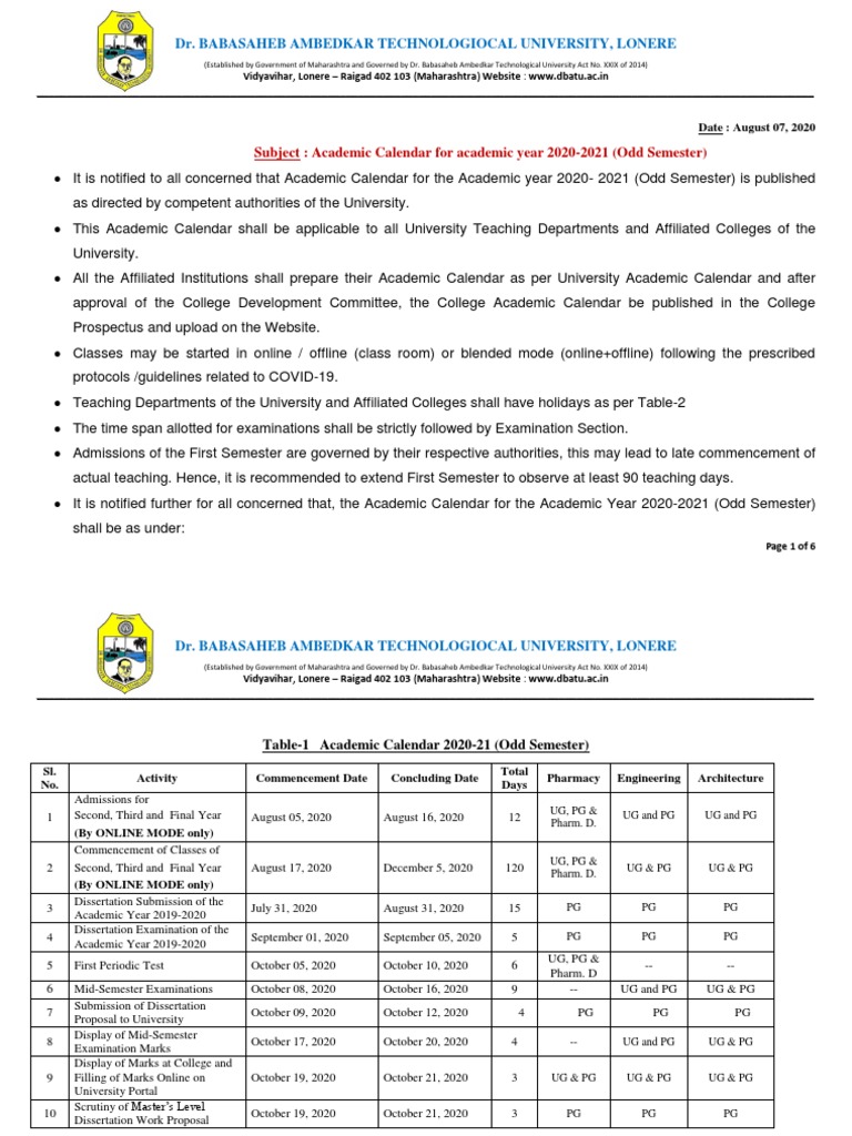 Dbatu Academic Calender 2020 21 1 PDF Academic Term Thesis