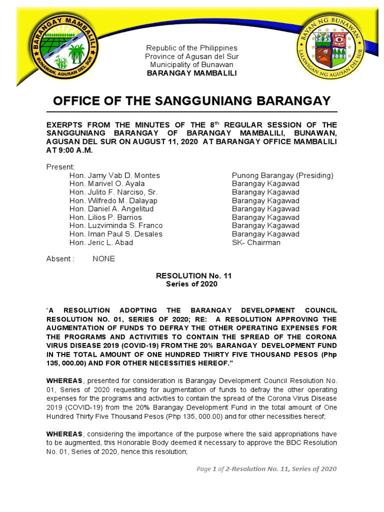 Resolution No. 11-SB Resolution 20% BDF Realignment To COVID | PDF ...