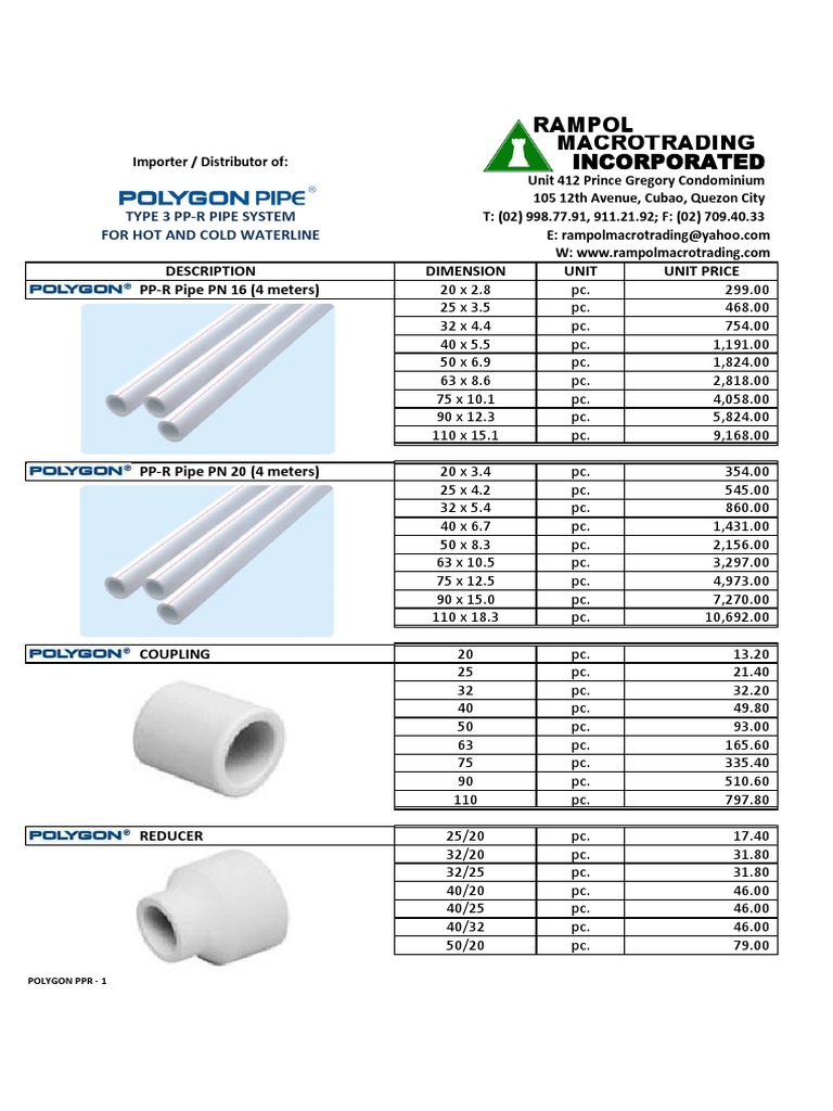 Polygon PP-R Pricelist 2018 | PDF | Hydraulics | Hydraulic Engineering