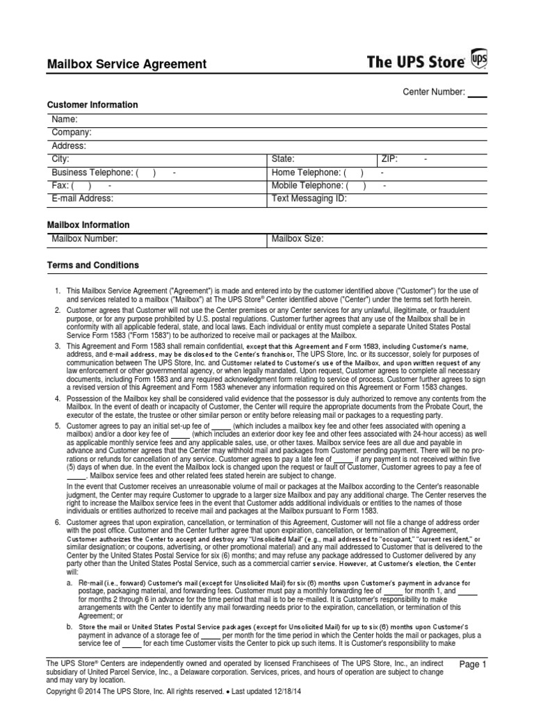 Mailbox Service Agreement Customer Information PDF United States