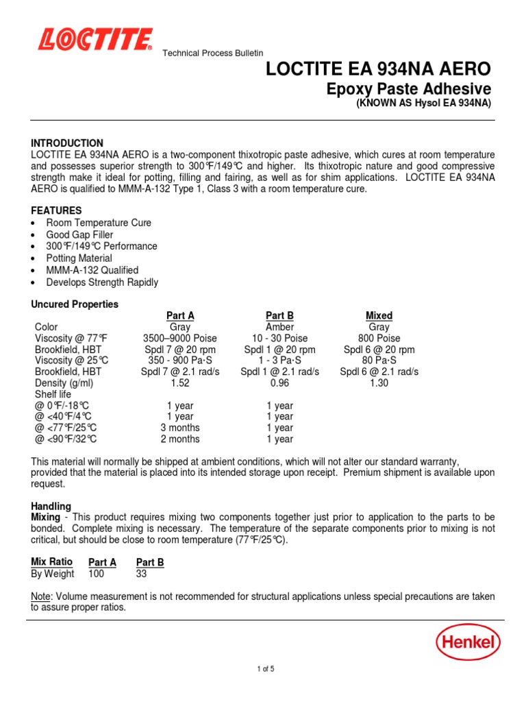 Loctite Ea 934na Aero (Known As Hysol Ea 934na) Tds PDF Adhesive