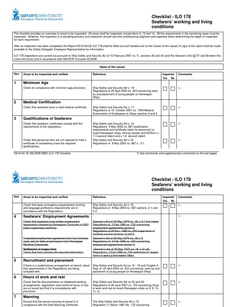 Checklist - ILO 178 Seafarers' Working and Living Conditions | PDF ...