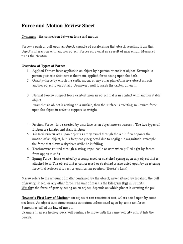 Force and Motion Review Sheet | PDF | Newton's Laws Of Motion | Force