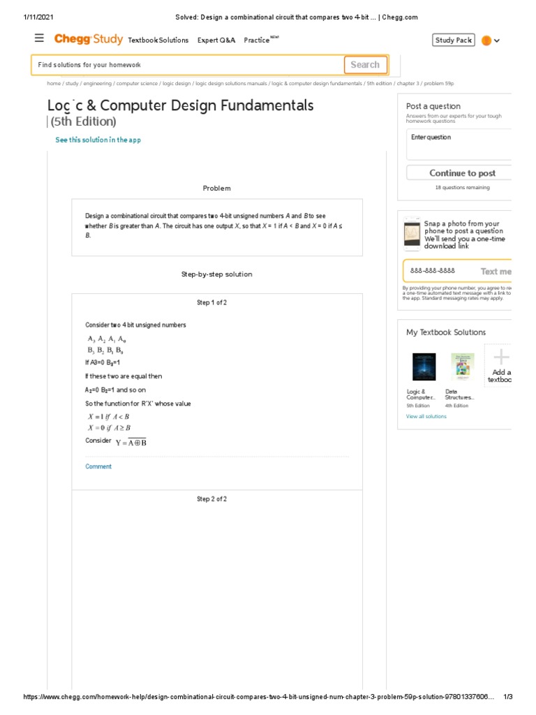 Solved - Design A Combinational Circuit That Compares Two 4-Bit ...
