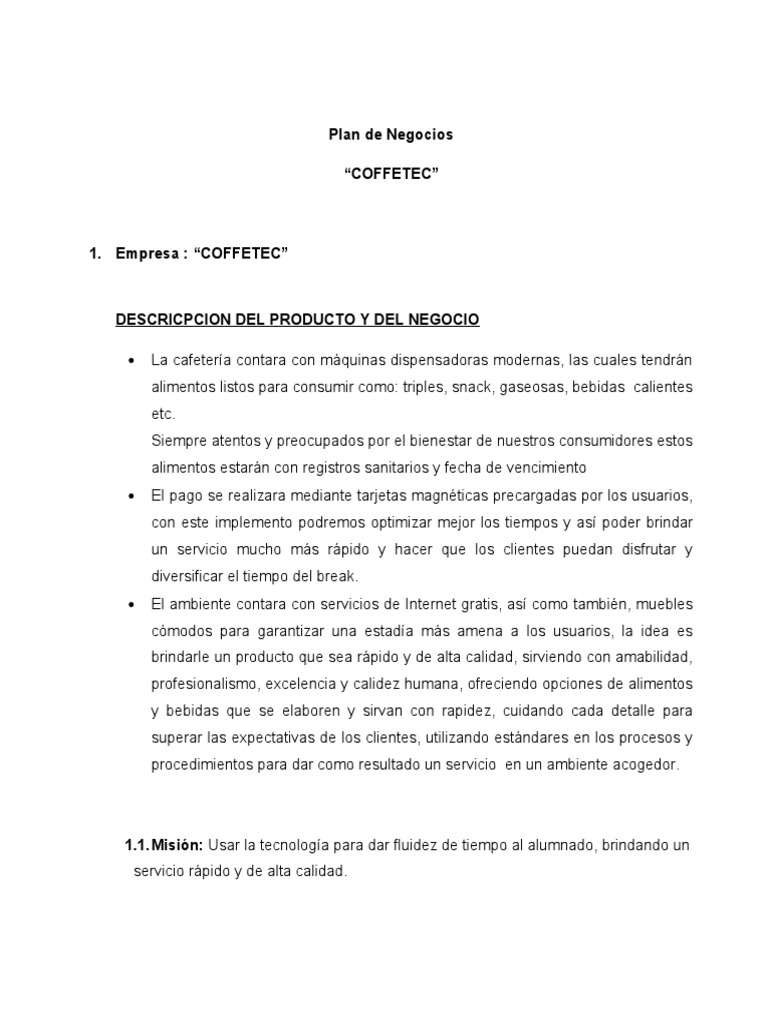 Plan de Negocios Cafeteria | PDF | Empresas | Pequeñas y medianas empresas