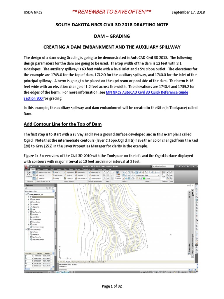 South Dakota Nrcs Civil 3D 2018 Drafting Note Dam Grading Creating A