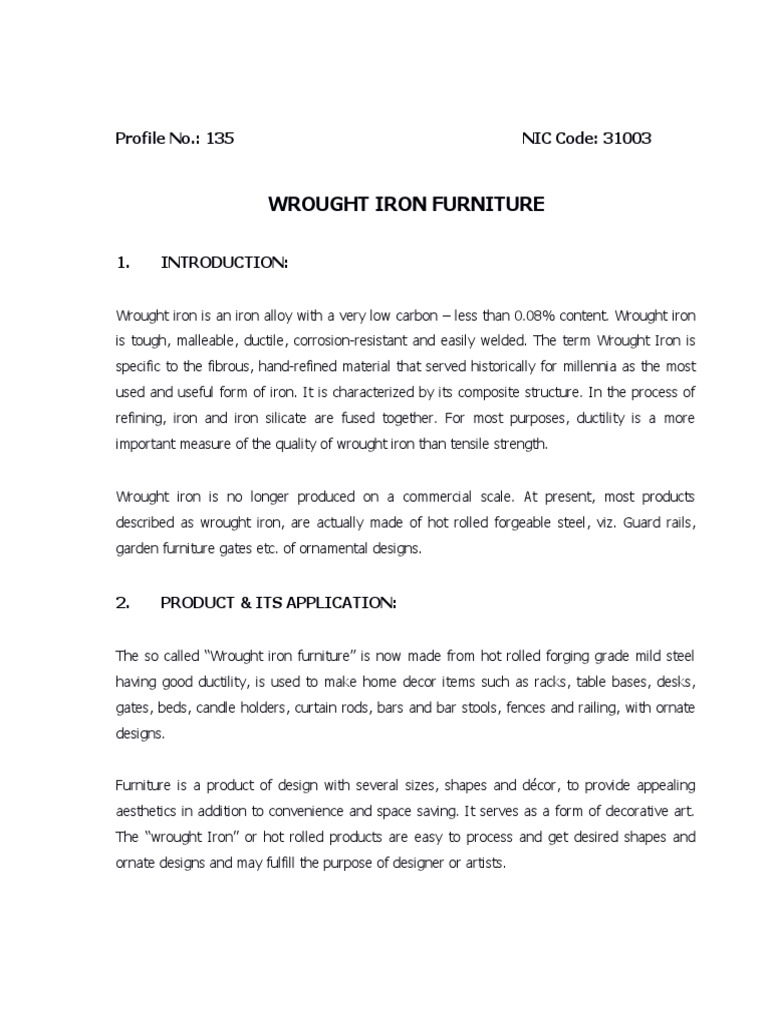 Wrought Iron Furniture Profile No. 135 NIC Code 31003 Download