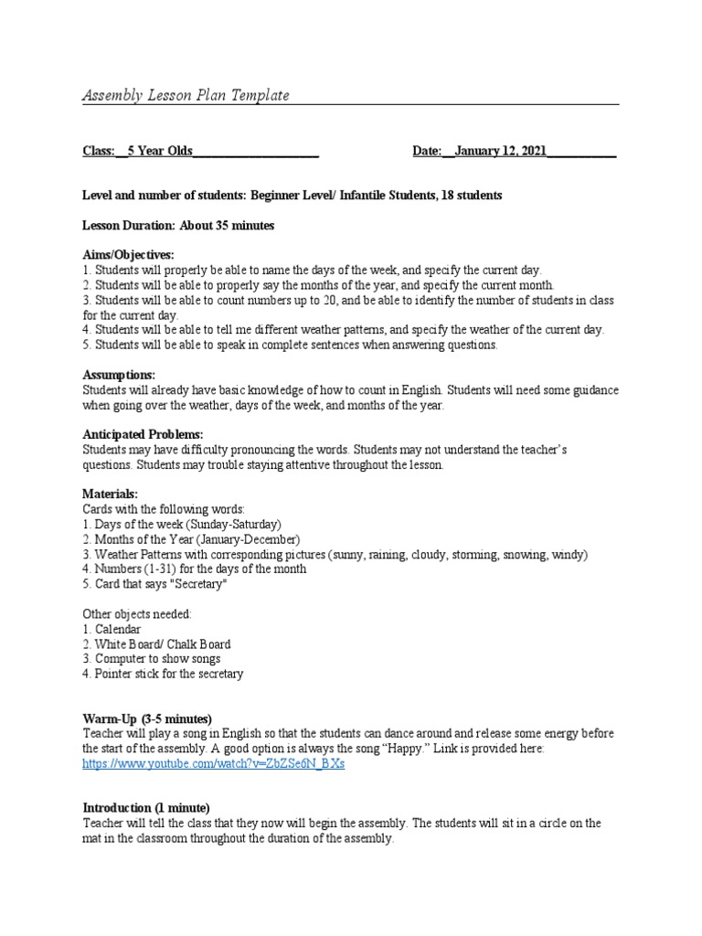 Assembly Lesson Plan for 5-Year-Olds | PDF | Human Nature | Education ...