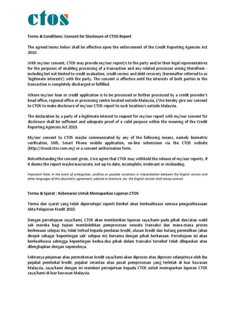 CTOS Report Disclosure Consent Terms | PDF | Consent | Justice