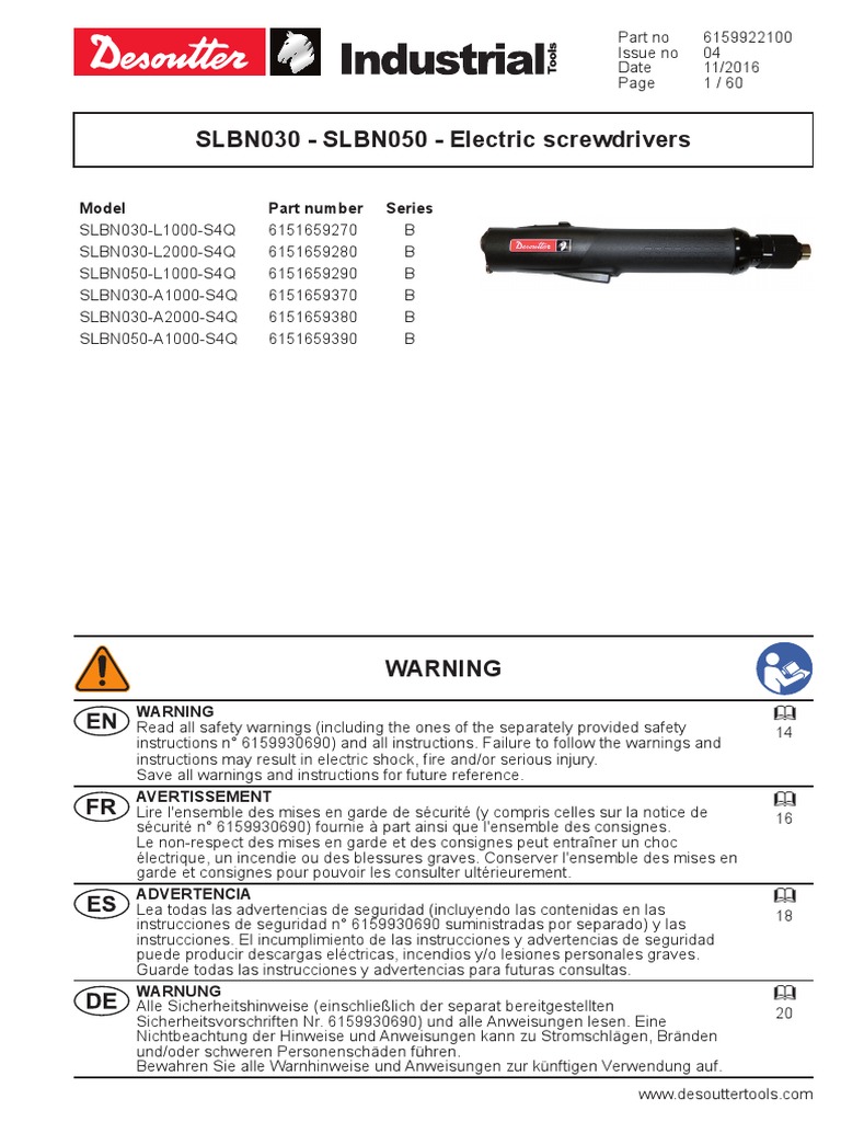 保留中 SLBN 030-050 Electric Screwdrivers - User Manual - 6159922100-04