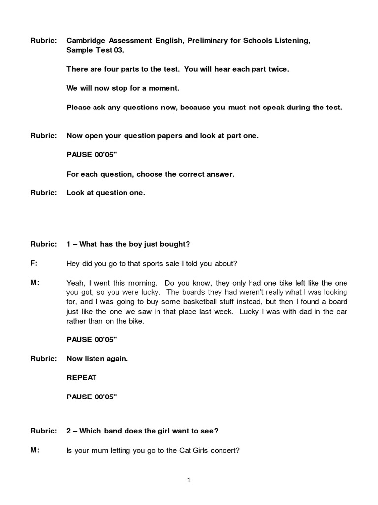 Preliminary For Schools Listening Sample Test 3 TapeScript | PDF ...