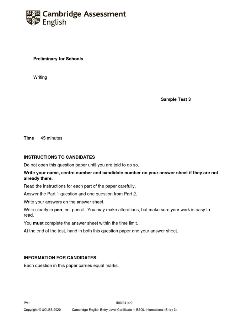 Preliminary For Schools Writing Sample Test 3 Question Paper PDF | PDF ...