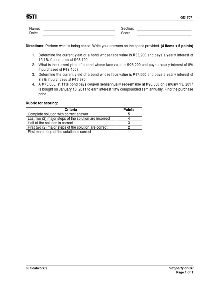 Bond Current Yield Calculations Worksheet | PDF | Law