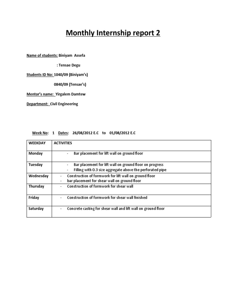 Monthly Internship Report 2 Biniyam Assefa And Tensae Degu Pdf