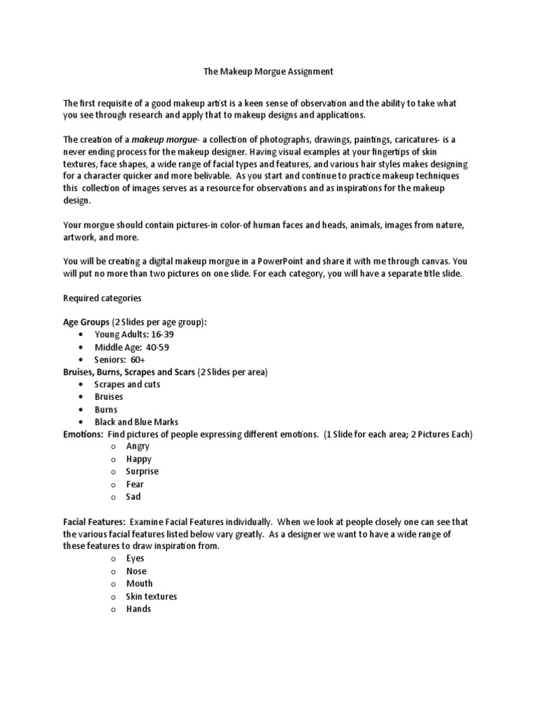 Makeup Morgue Assignment Guidelines | PDF | Face | Cosmetics