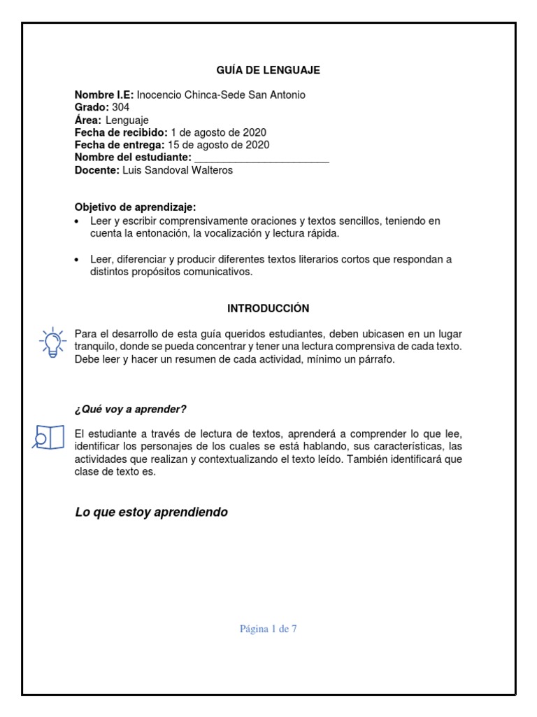 Guia Lenguaje Del 1 - 15 de Agosto | PDF | Artes del Lenguaje y ...
