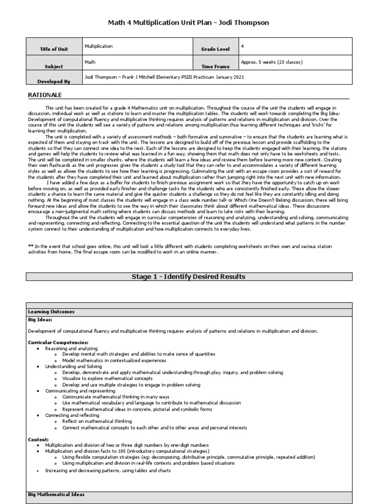 Grade 4 Multiplication Unit Plan | PDF | Worksheet | Multiplication