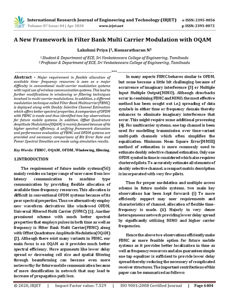 A New Framework in Filter Bank Multi Carrier Modulation With OQAM | PDF ...