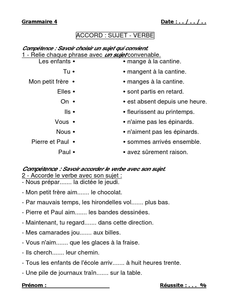Exercice Accord Sujet Verbe Ce2 à Imprimer 4 Accord Verbe Sujet | PDF