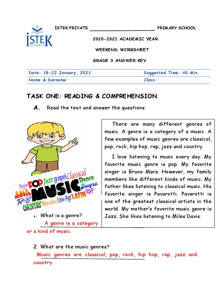 3th Grade Worksheet 18-22 January Answer Key | PDF | Jazz | Sound