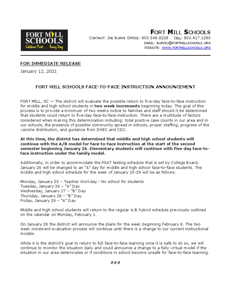 FMSD Fort Mill Schools Face-To-Face Instruction Announcement | PDF | Human  Nature | Learning