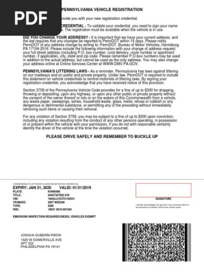 Pennsylvania Vehicle Registration: Joshua Guberm Kwon 1320 W 