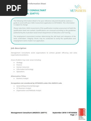 Management Consultant (ANZSCO Code: 224711) : SRGO Occupational