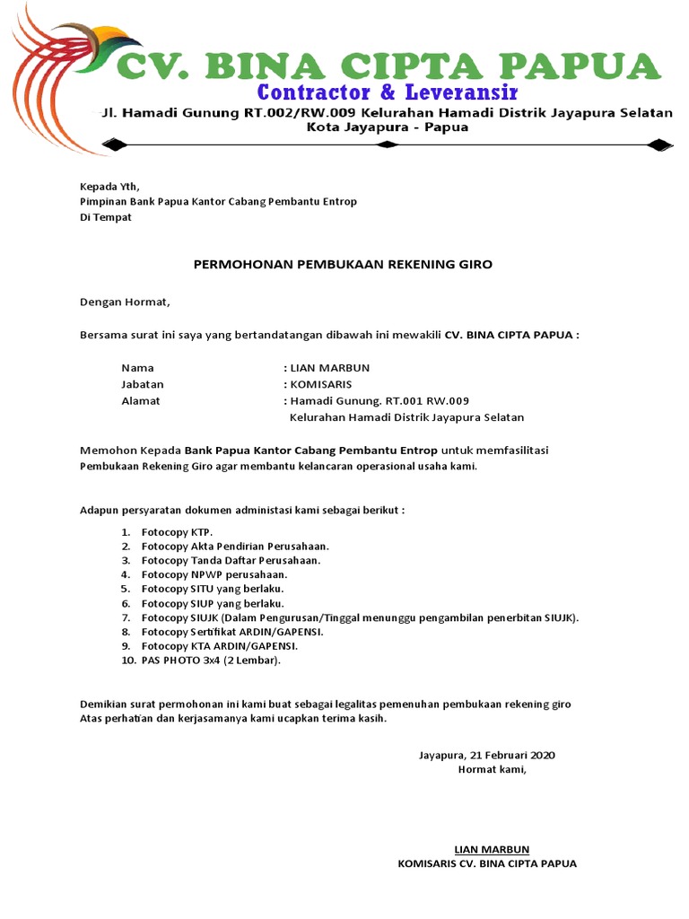 Permohonan Pembukaan Rekening Giro CV | PDF
