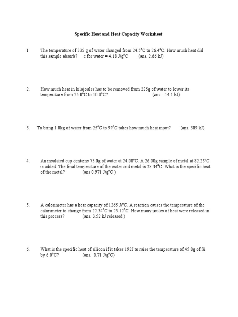 Heat and Heat Capacity Worksheet Answers PDF | PDF | Precipitation  (Chemistry) | Heat