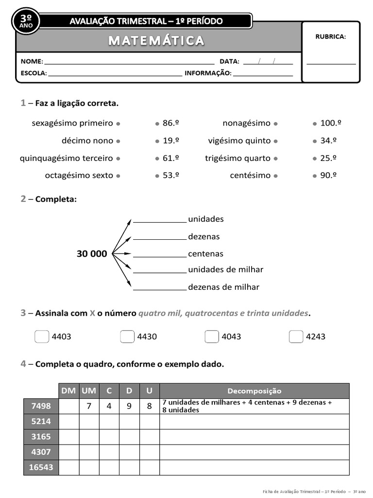 Ficha de Matemática - 3º Ano - 1 Periodo | PDF