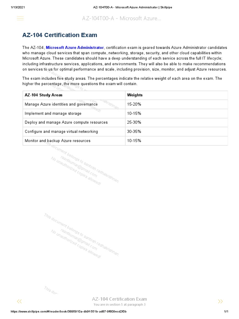 AZ104 Certification Exam AZ104T00A Microsoft Azure PDF