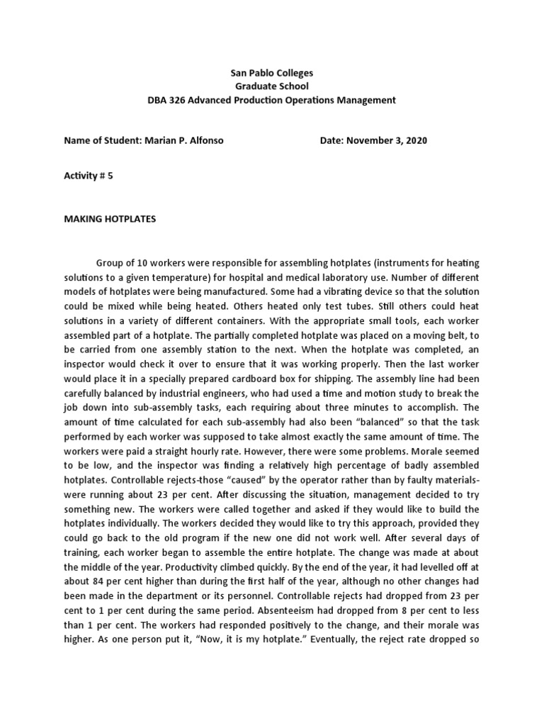 Hot Plates Case Study ALFONSO PDF Employment Human Nature