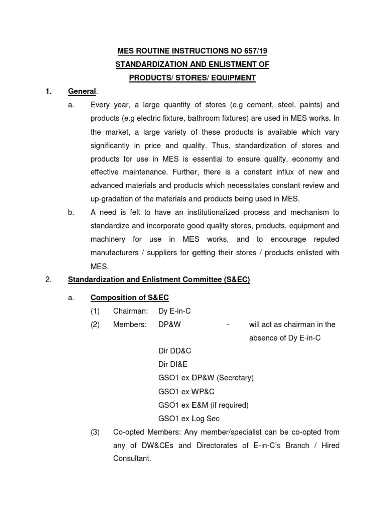 Mes Routine Instructions No 657/19 Standardization and Enlistment of ...