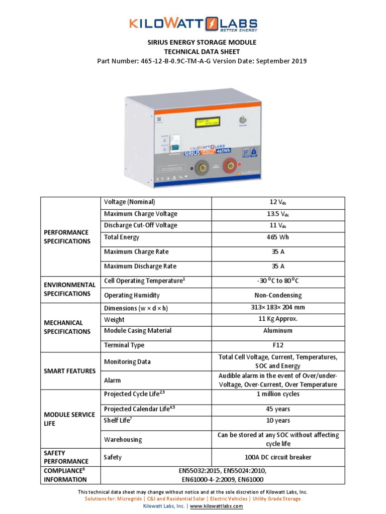 Sirius Energy Storage Module Specs | PDF | Battery Charger | Series And ...