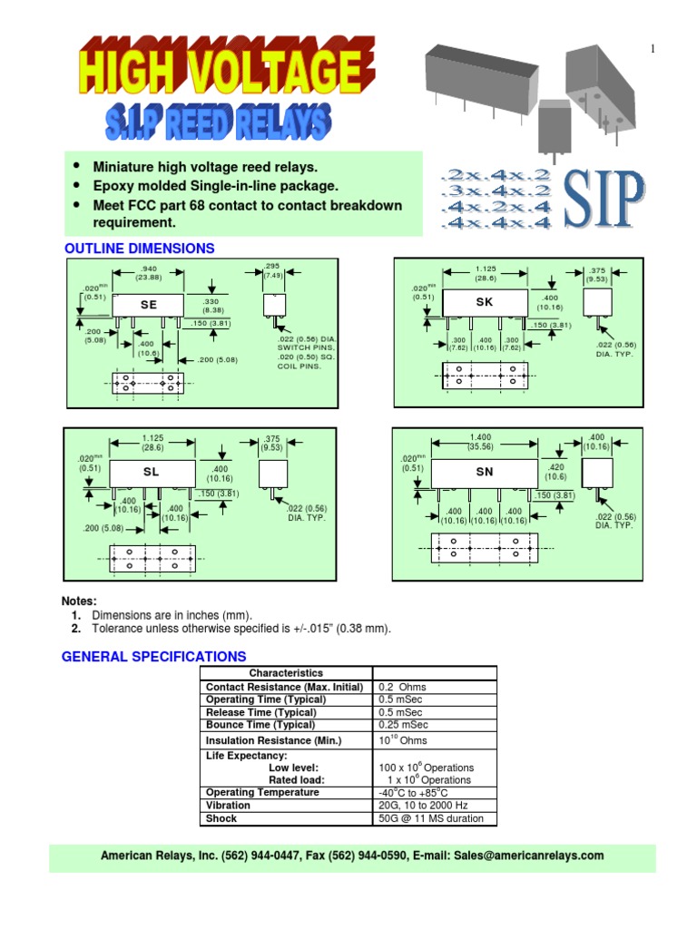 High Voltage Reed Relays Sip | PDF | Relay | Metrology