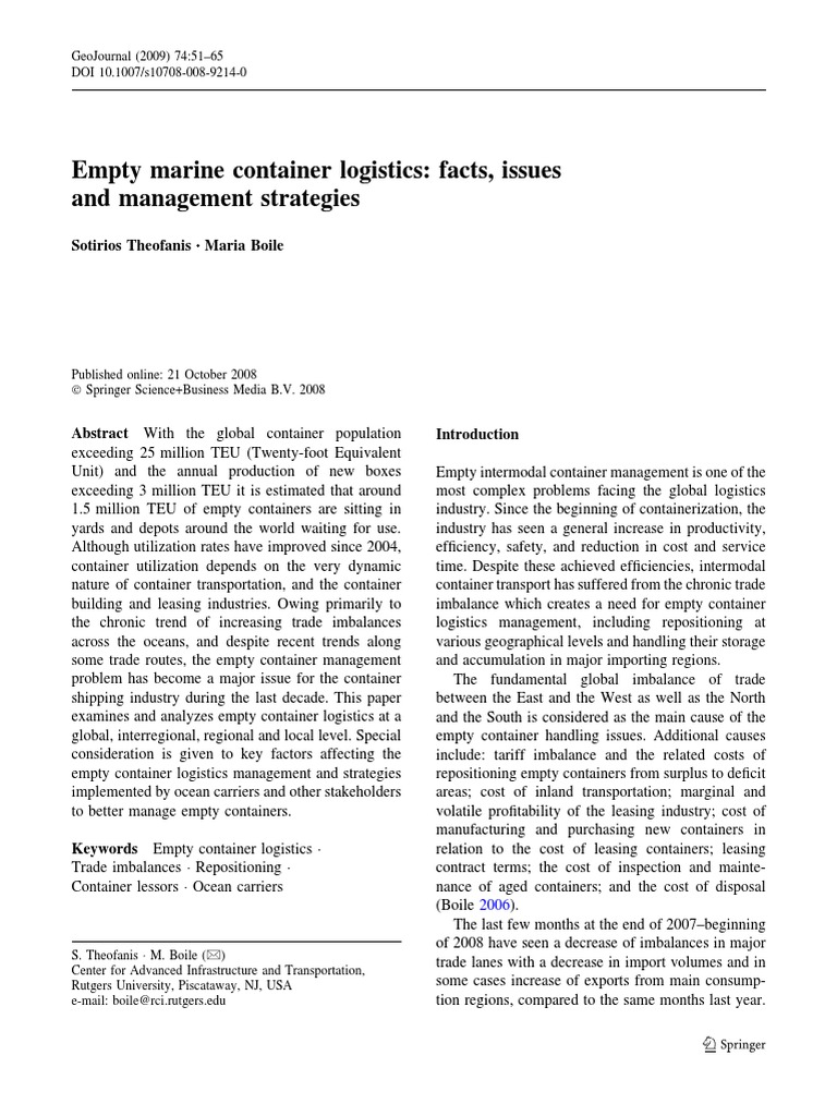 Empty Marine Container Logistics: Facts, Issues and Management ...